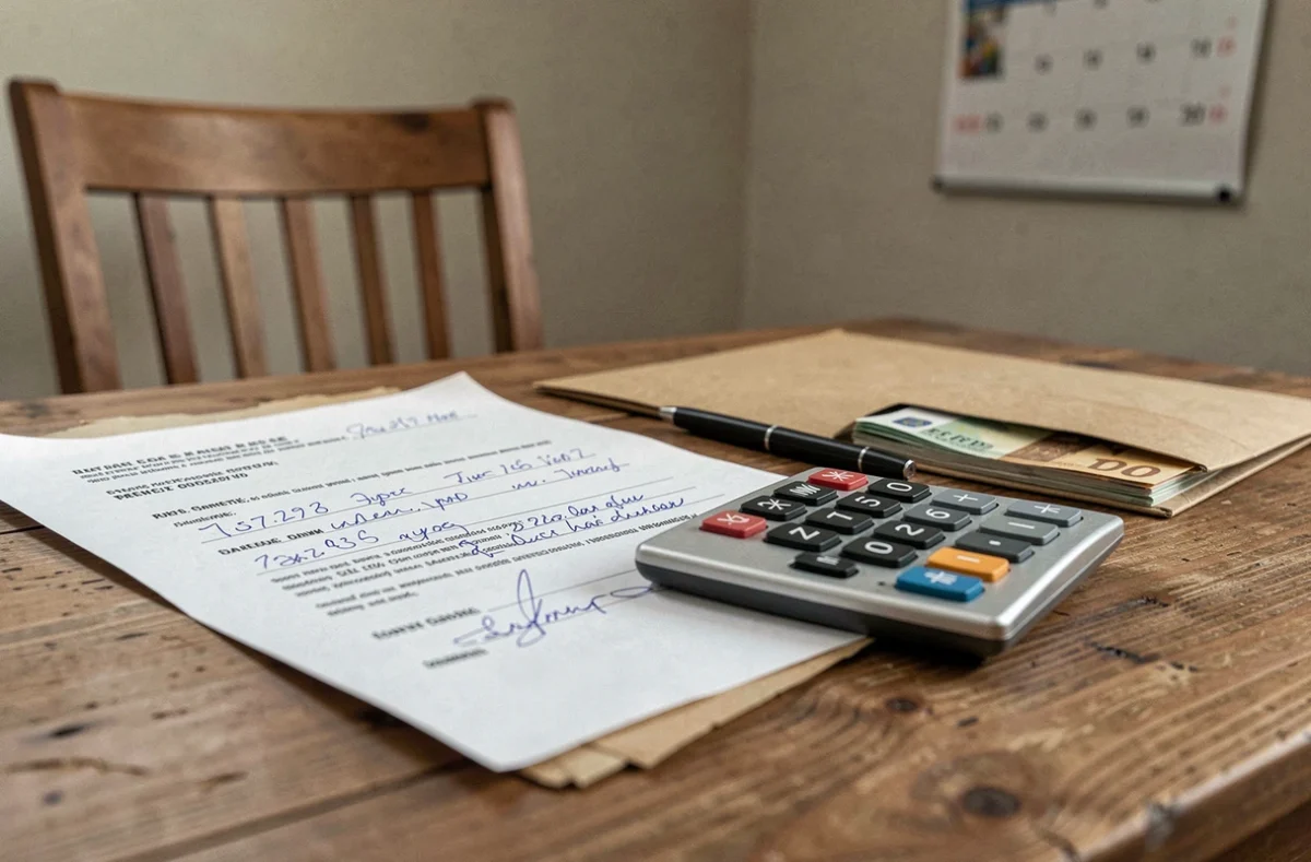 Documents de vente en viager sans rente avec calcul des frais de notaire et billets en euros sur un bureau