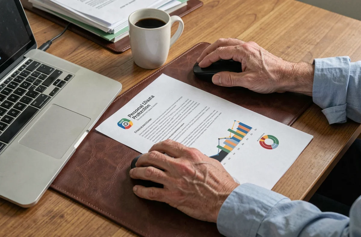 Bureau avec documents de protection des données personnelles, ordinateur portable et main d'un professionnel évoquant la conformité RGPD et la sécurité numérique
