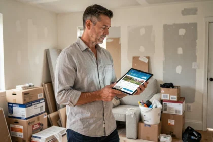 Propriétaire tenant une tablette affichant une estimation immobilière dans une maison en cours de rénovation