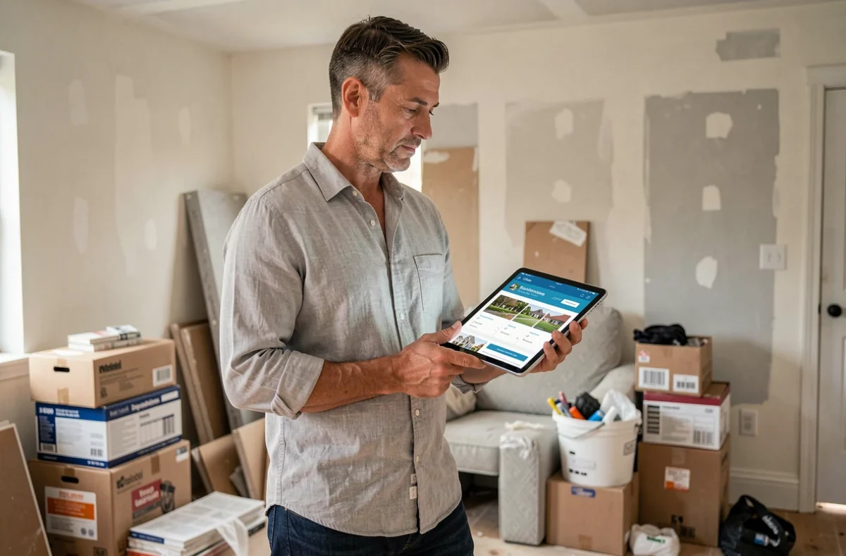 Propriétaire tenant une tablette affichant une estimation immobilière dans une maison en cours de rénovation