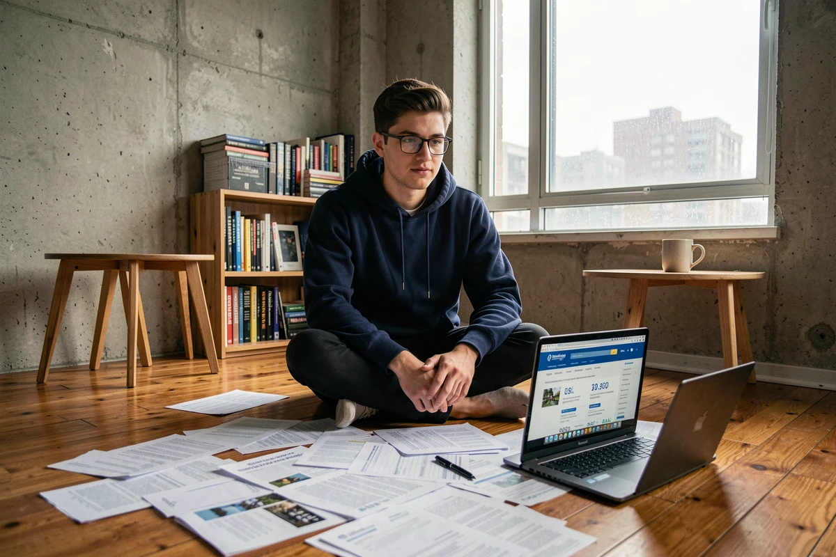 Étudiant comparant des offres de prêt immobilier sur ordinateur portable dans son appartement, entouré de documents financiers