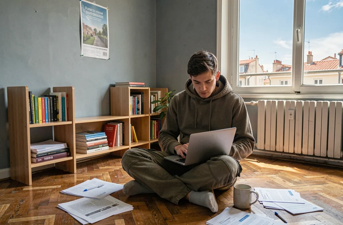 Étudiant Erasmus recherchant un appartement à louer à Marseille sur son ordinateur