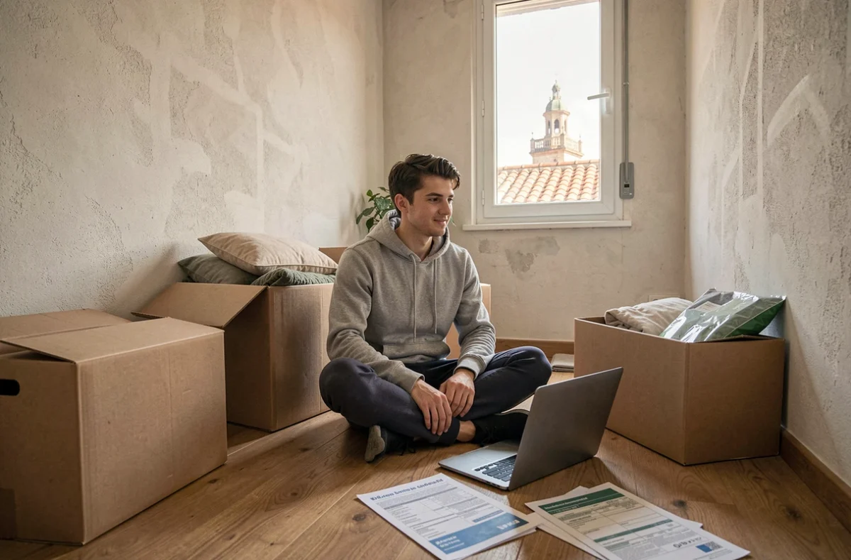 Jeune étudiant s'installant dans un petit studio abordable à Marseille avec des cartons