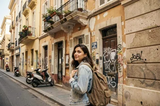 Étudiante devant un immeuble typique de Marseille dans un quartier abordable pour se loger
