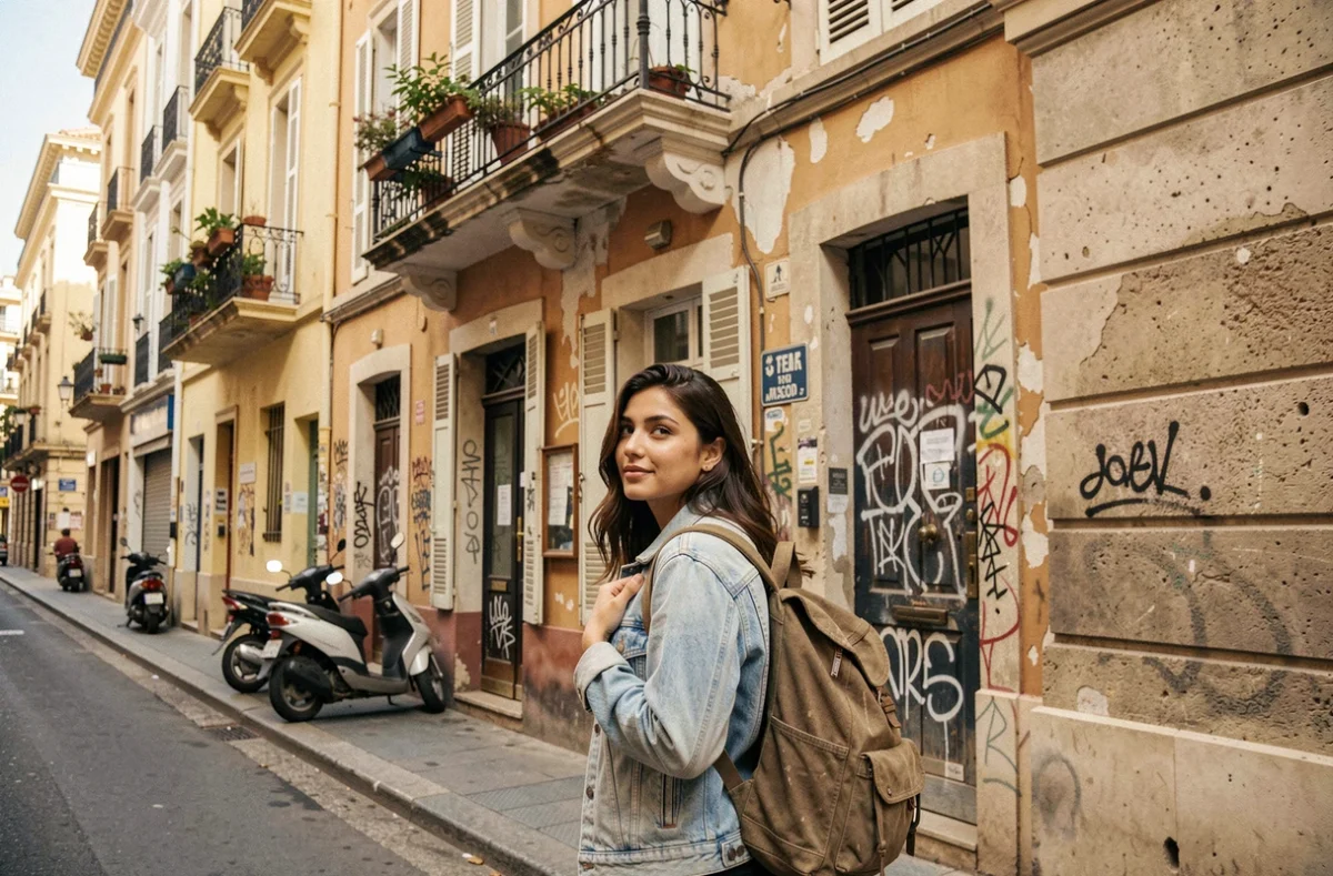 Étudiante devant un immeuble typique de Marseille dans un quartier abordable pour se loger
