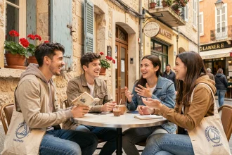 Étudiants Erasmus attablés en terrasse dans le quartier du Panier à Marseille