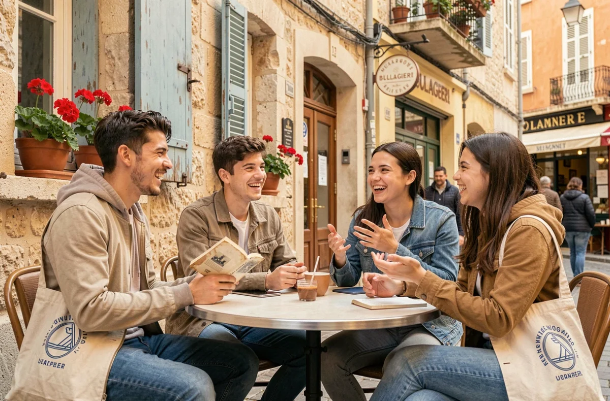 Étudiants Erasmus attablés en terrasse dans le quartier du Panier à Marseille