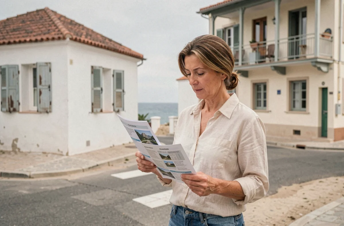Femme comparant des annonces immobilières côtières entre maison à rénover et appartement avec vue mer dans un village balnéaire