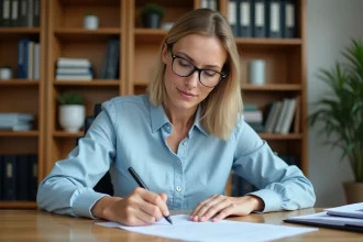 Femme remplissant un formulaire administratif APL à son bureau à domicile