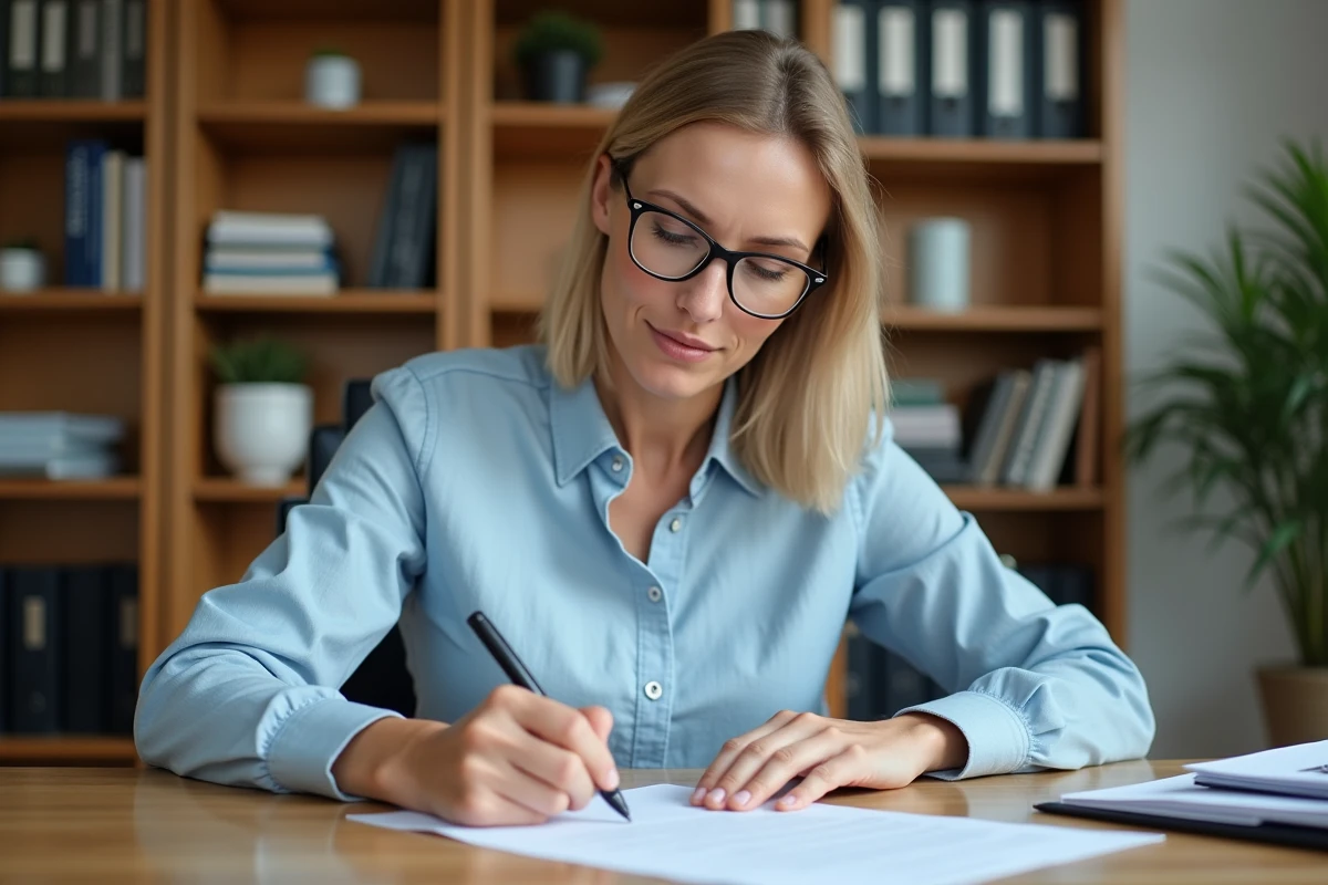 Femme remplissant un formulaire administratif APL à son bureau à domicile