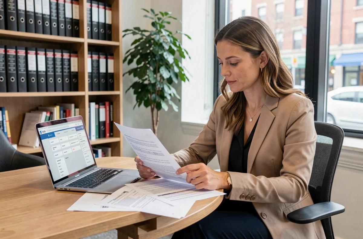 Femme d'affaires lisant un contrat de diagnostic bail commercial dans un bureau de notaire