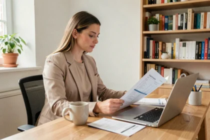 Femme consultant des annonces de location immobilière sur un ordinateur portable dans un bureau à domicile