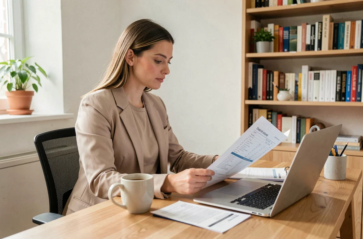 Femme consultant des annonces de location immobilière sur un ordinateur portable dans un bureau à domicile