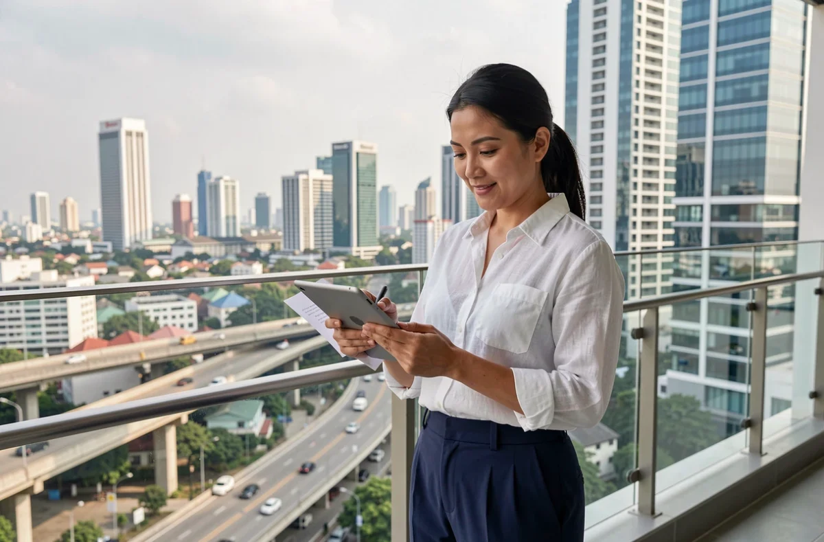 Gestionnaire immobilière thaïlandaise analysant le rendement locatif d'un condominium sur une terrasse à Bangkok