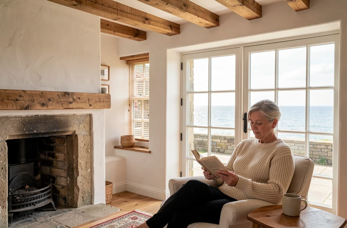 Intérieur cosy d'une maison normande rénovée en bord de mer avec vue sur la mer depuis le salon idéale pour la retraite