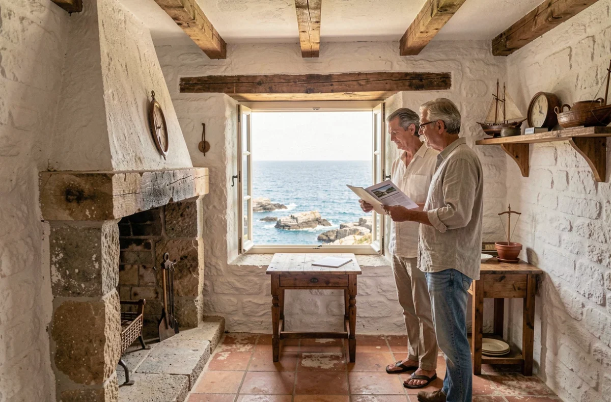 Couple visitant l'intérieur d'une petite maison de pêcheur bretonne à acheter avec vue mer et cheminée en pierre