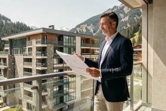 Investisseur immobilier analysant des plans sur un balcon d'appartement moderne en Andorre avec vue sur les montagnes