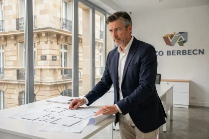 Investisseur immobilier étudiant des plans d'appartements à Bordeaux dans une agence moderne pour un investissement Pinel