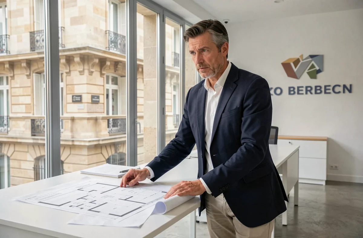 Investisseur immobilier étudiant des plans d'appartements à Bordeaux dans une agence moderne pour un investissement Pinel