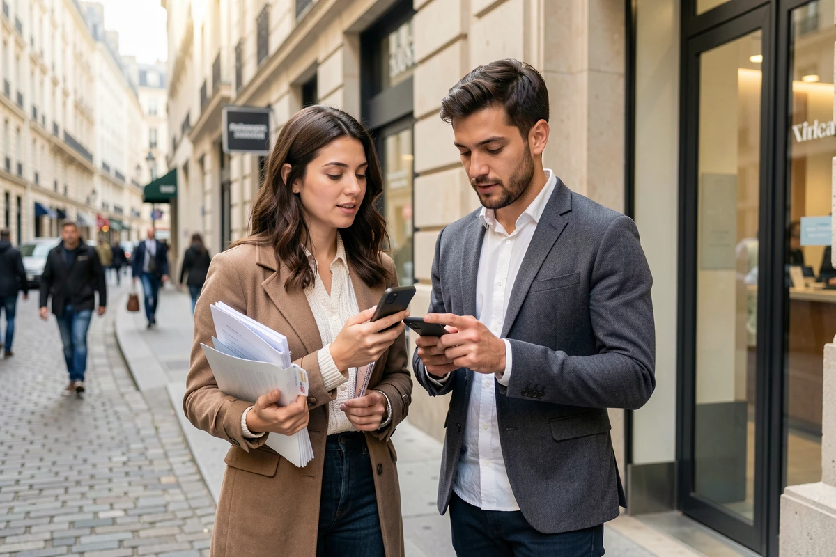 Deux jeunes adultes devant une agence bancaire, consultant une application mobile pour un projet de prêt immobilier étudiant