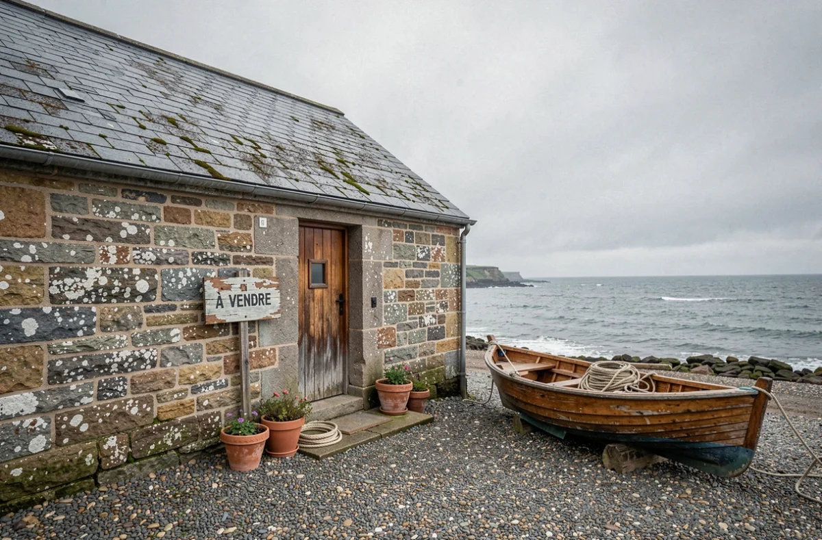 Petite maison de pêcheur en pierre bretonne à vendre au bord de mer avec vue sur l'Atlantique et panneau À Vendre