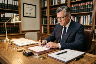 Notaire examinant un contrat de viager sans rente avec des documents officiels sur son bureau en chêne