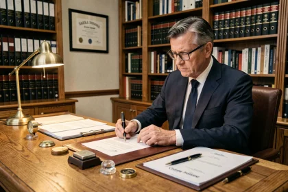 Notaire examinant un contrat de viager sans rente avec des documents officiels sur son bureau en chêne