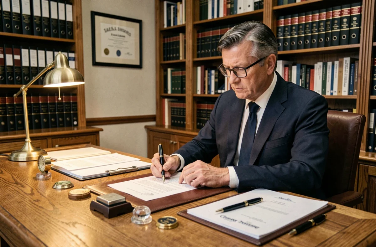 Notaire examinant un contrat de viager sans rente avec des documents officiels sur son bureau en chêne