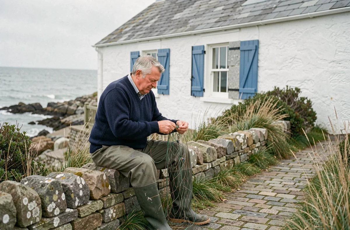 Pêcheur breton devant sa petite maison en pierre au bord de mer en Bretagne, réparant ses filets sur le chemin côtier