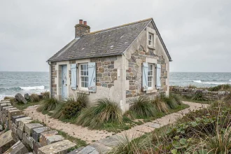 Petite maison en pierre à rénover au bord de mer avec volets bleus défraîchis et jardin envahi par la végétation côtière