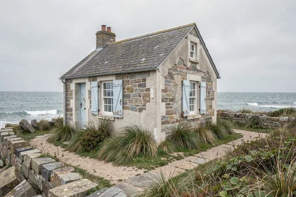 Petite maison en pierre à rénover au bord de mer avec volets bleus défraîchis et jardin envahi par la végétation côtière
