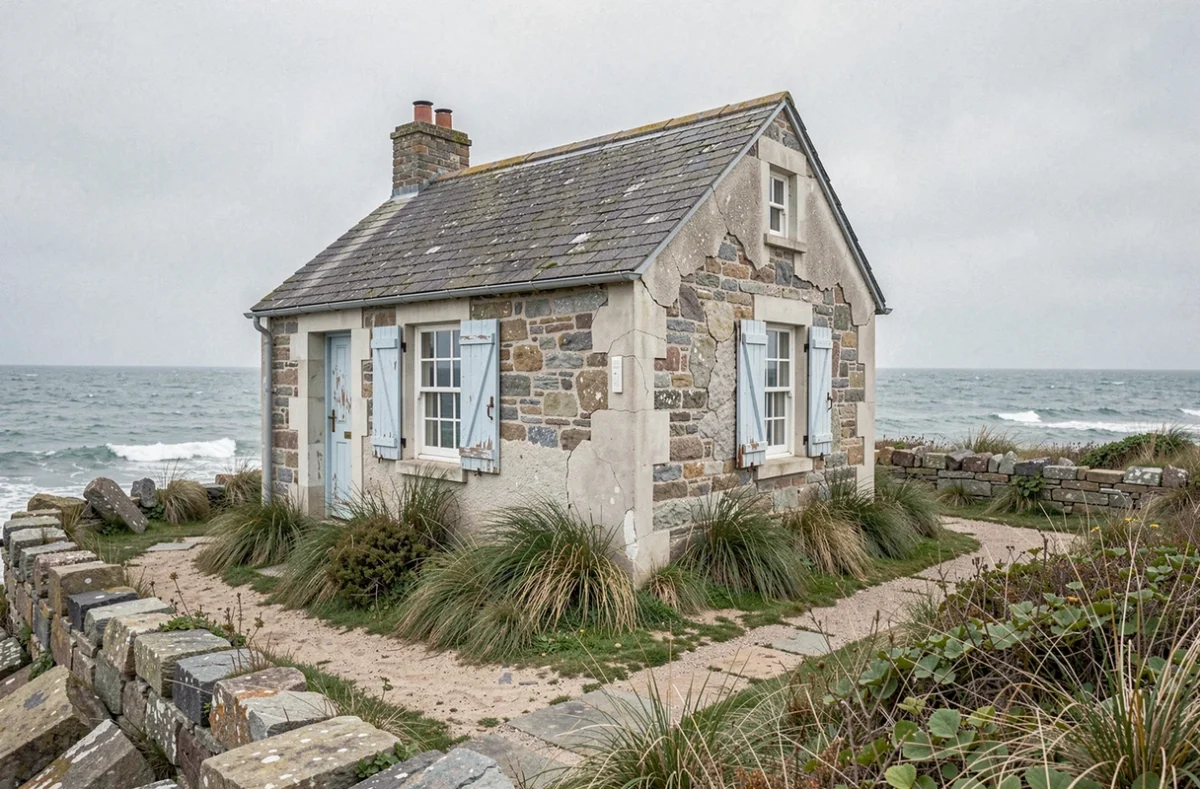 Petite maison en pierre à rénover au bord de mer avec volets bleus défraîchis et jardin envahi par la végétation côtière