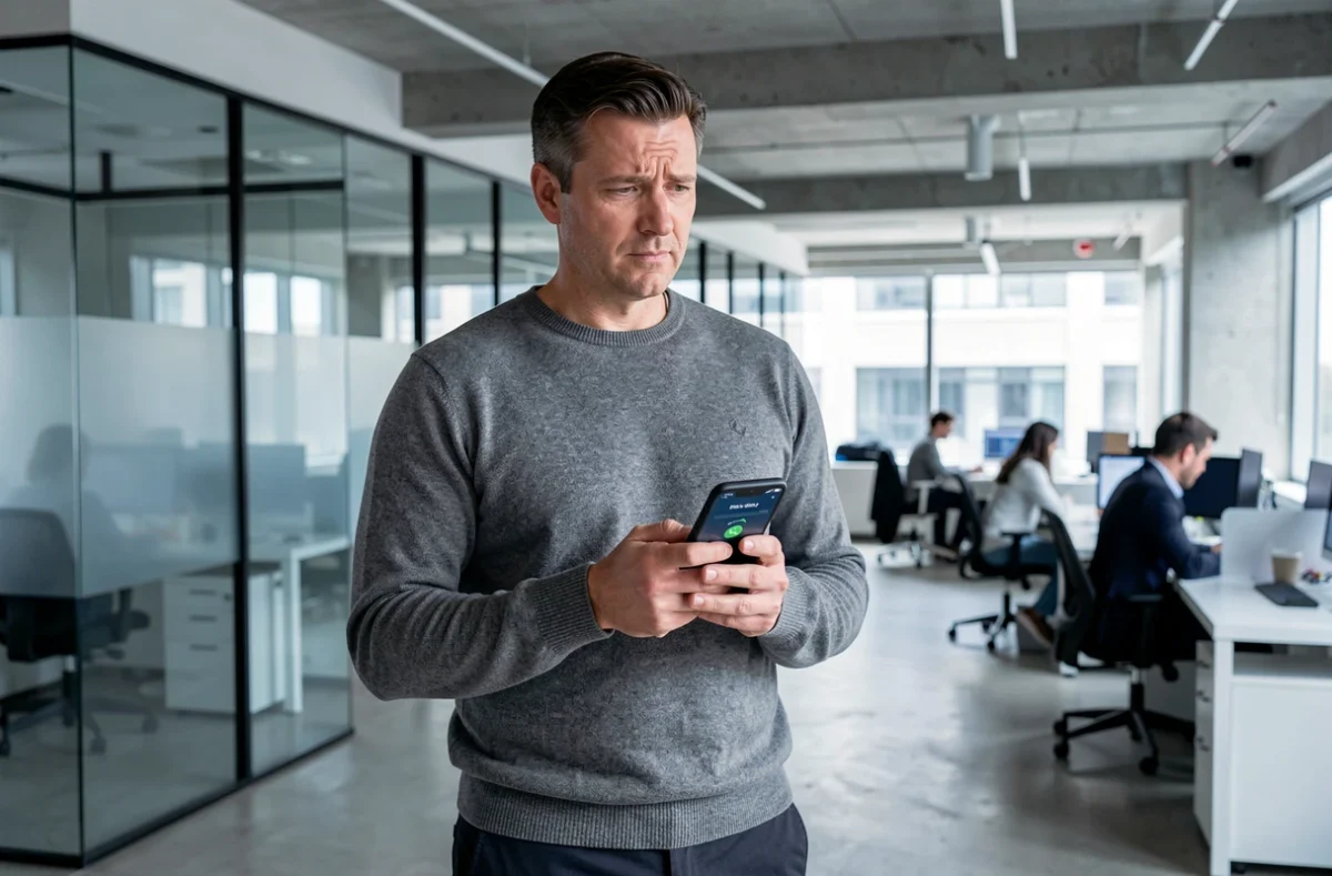 Homme vérifiant une authentification à deux facteurs sur smartphone dans un bureau professionnel moderne pour sécuriser ses données