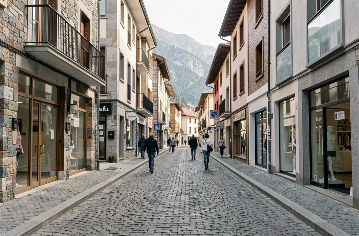 Rue commerciale en Andorre avec immeubles à usage mixte résidentiel et commercial illustrant le marché immobilier local