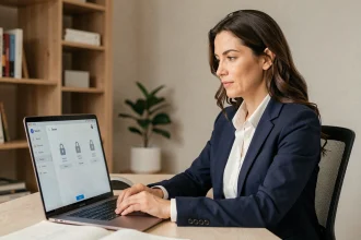 Femme consultant son espace sécurisé MyNexity sur un ordinateur portable dans un bureau à domicile moderne