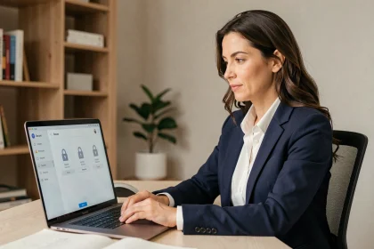 Femme consultant son espace sécurisé MyNexity sur un ordinateur portable dans un bureau à domicile moderne