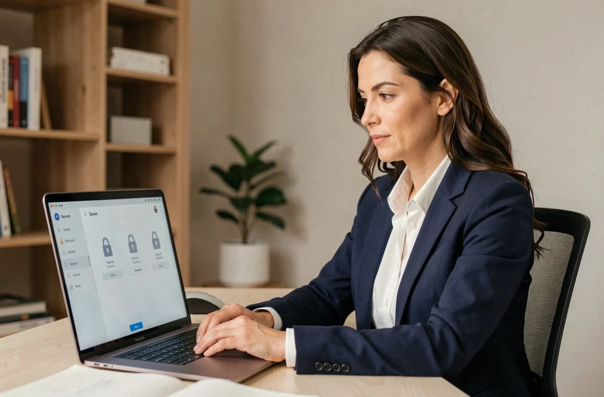 Femme consultant son espace sécurisé MyNexity sur un ordinateur portable dans un bureau à domicile moderne