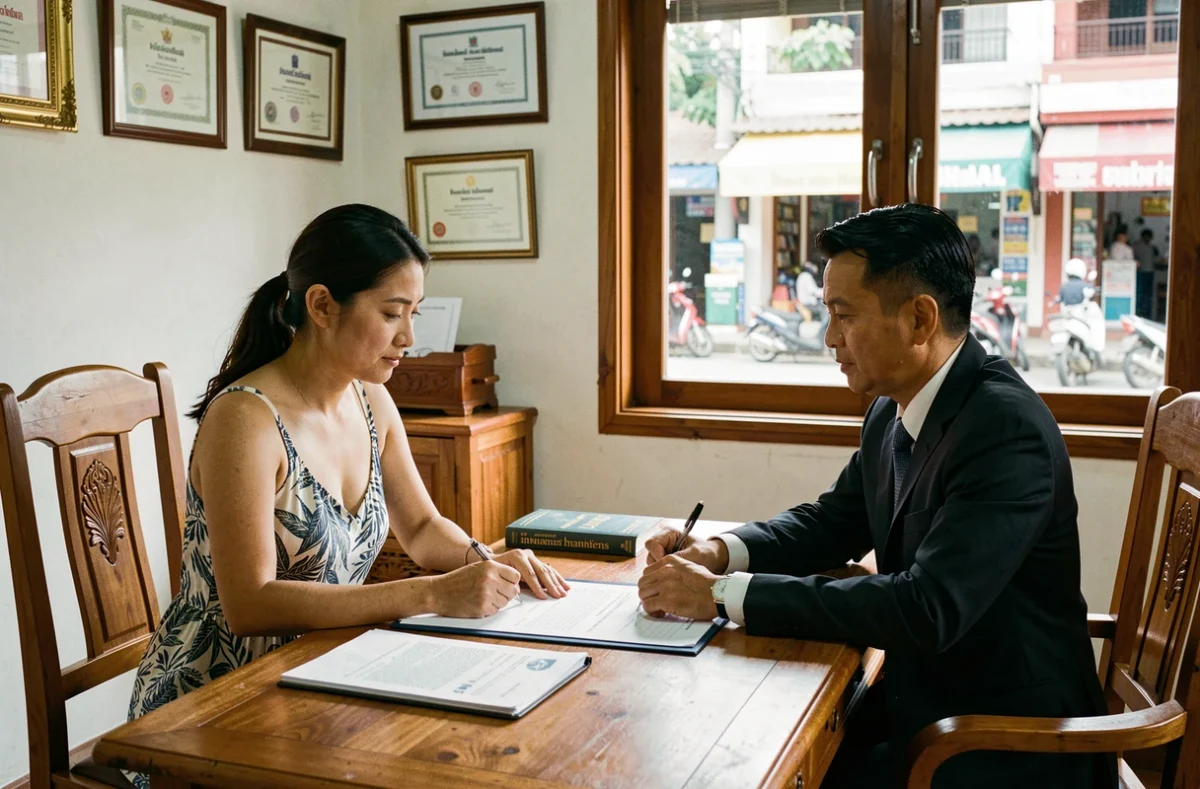 Femme européenne signant un acte de propriété chez un notaire thaïlandais dans un bureau à Koh Samui