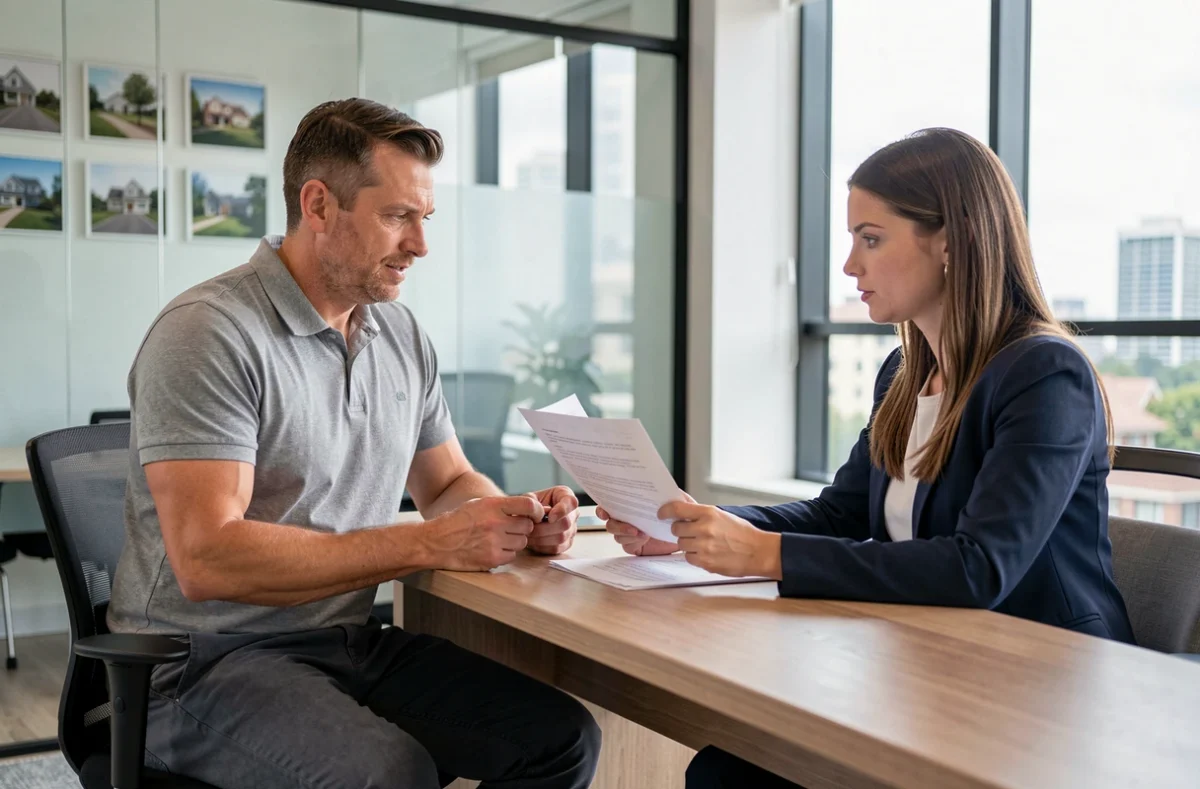 Homme signant un contrat de location avec une agente immobilière dans une agence moderne