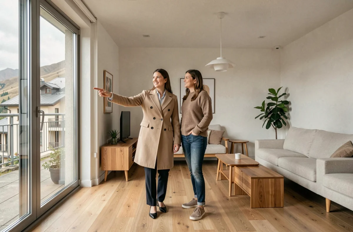 Agent immobilière faisant visiter un studio meublé à des acheteurs potentiels en Andorre