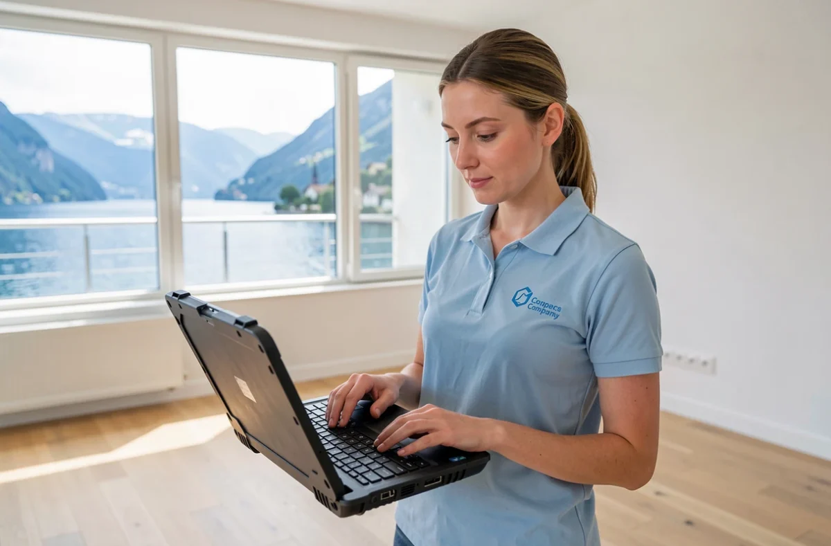 Diagnosticienne immobilière saisissant des données sur ordinateur dans un appartement lumineux avec vue sur le lac d'Annecy pour Activ'Expertise