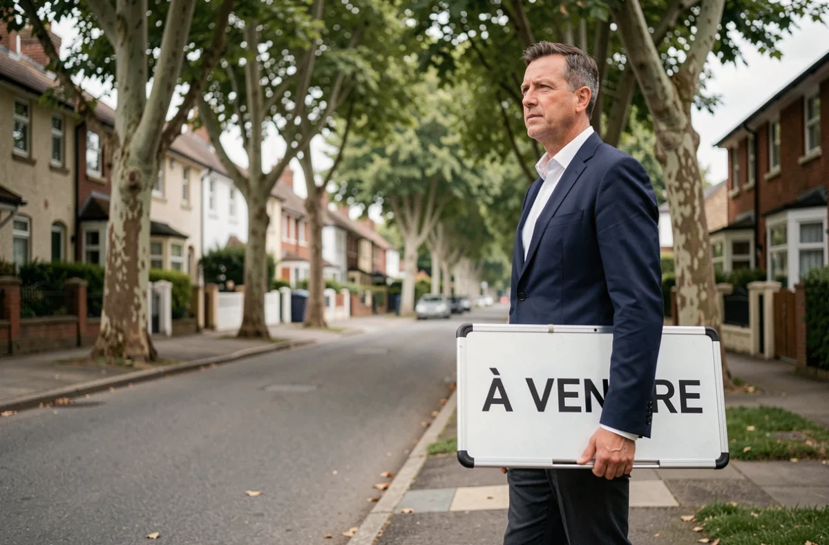 Agent immobilier portant un panneau À Vendre dans une rue pavillonnaire avec maisons et arbres en arrière-plan