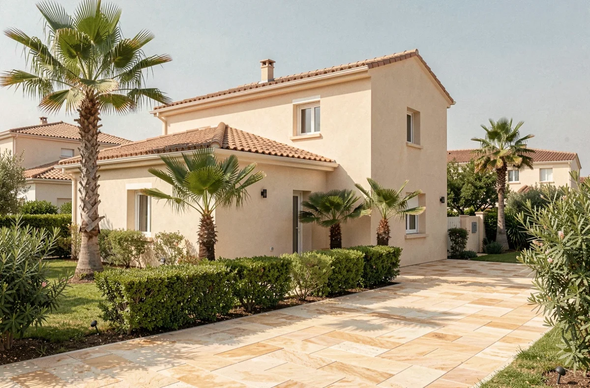 Villa moderne construite par Alpaca Immo à Montpellier, avec toit à l'hip en tuiles terracotta, façade sable et jardin paysagé avec palmiers