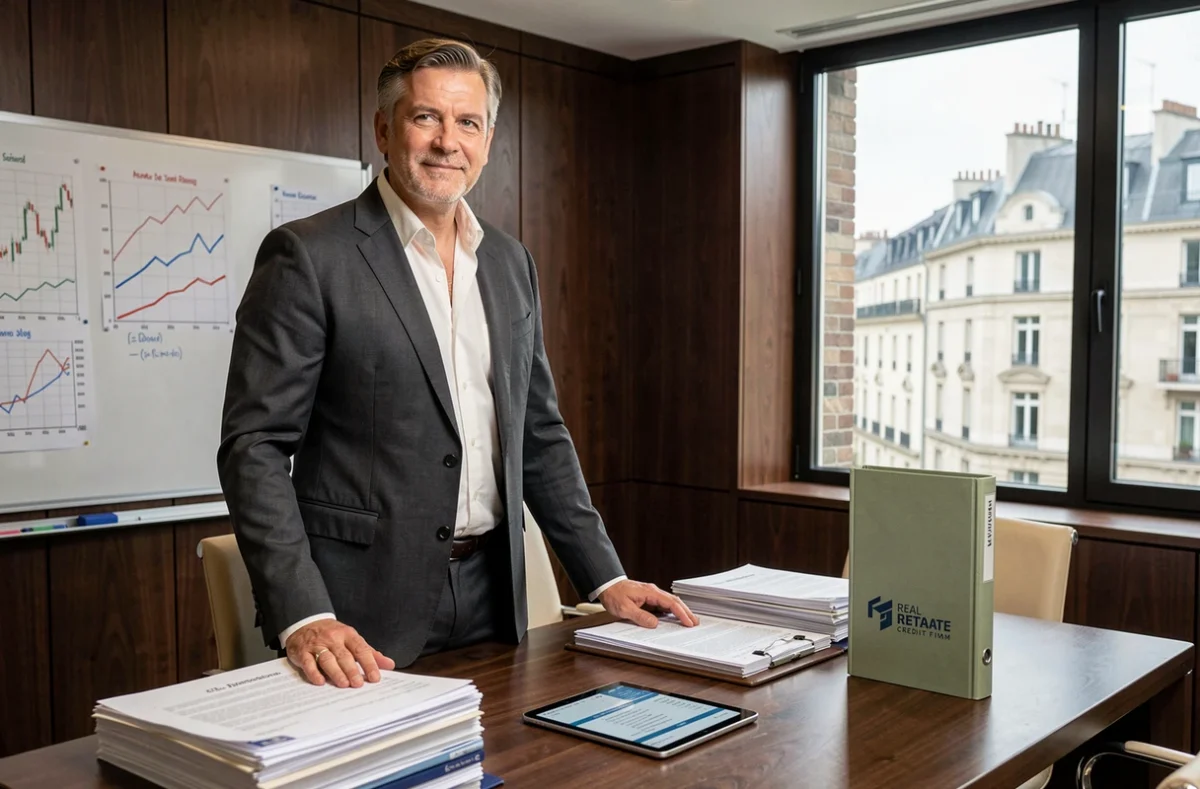 Courtier CAFPI debout devant des dossiers de prêt immobilier dans une salle de réunion professionnelle