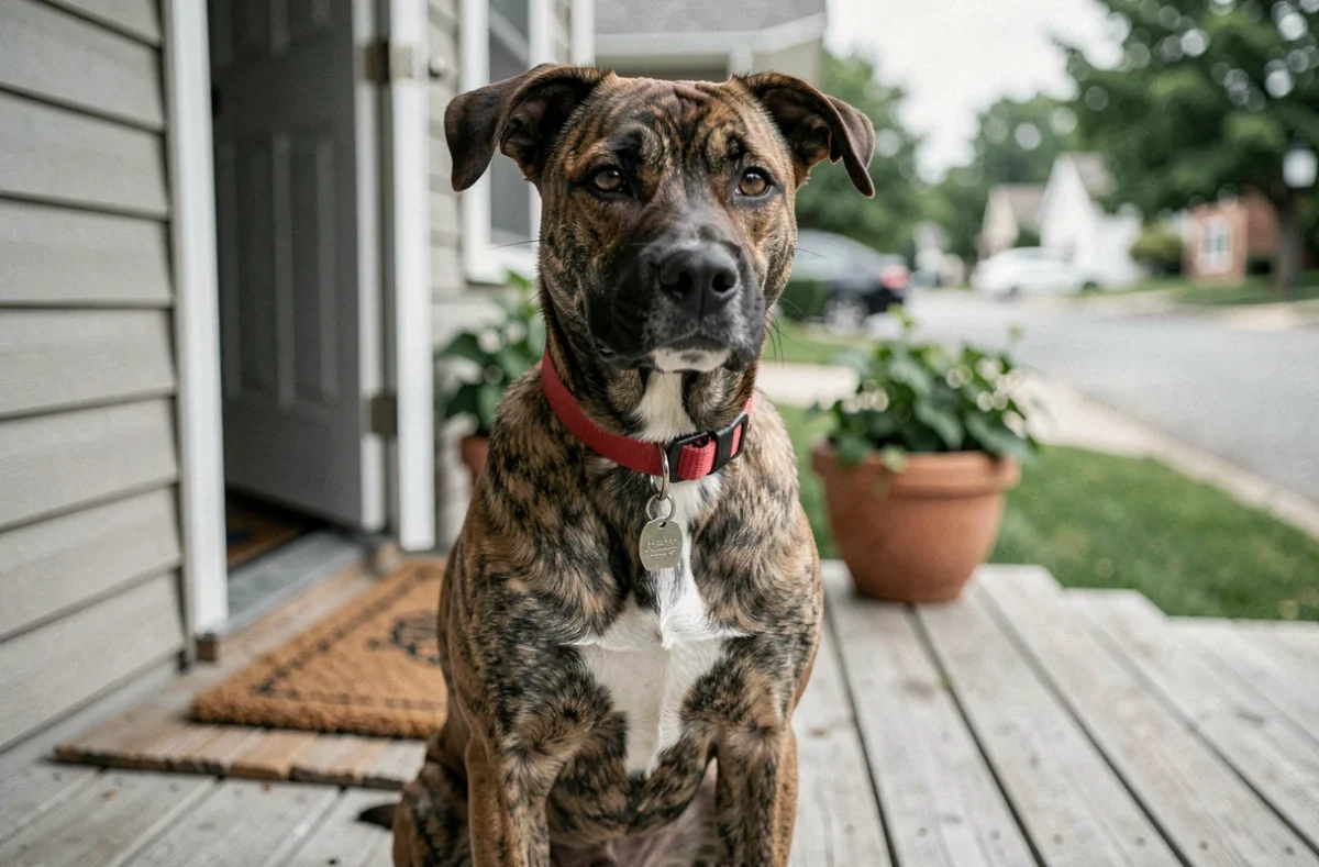 Chien de race mixte avec collier rouge assis devant la porte d'entrée d'une maison individuelle, symbolisant l'impact sur l'assurance habitation
