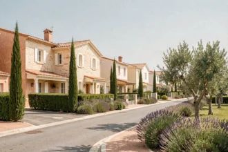 Vue d'un quartier résidentiel de Montpellier avec plusieurs maisons individuelles neuves aux façades calcaires et toits en tuiles, entourées de végétation méditerranéenne