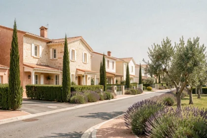 Vue d'un quartier résidentiel de Montpellier avec plusieurs maisons individuelles neuves aux façades calcaires et toits en tuiles, entourées de végétation méditerranéenne