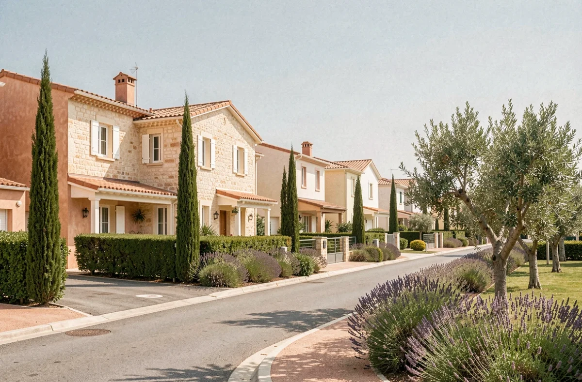 Vue d'un quartier résidentiel de Montpellier avec plusieurs maisons individuelles neuves aux façades calcaires et toits en tuiles, entourées de végétation méditerranéenne