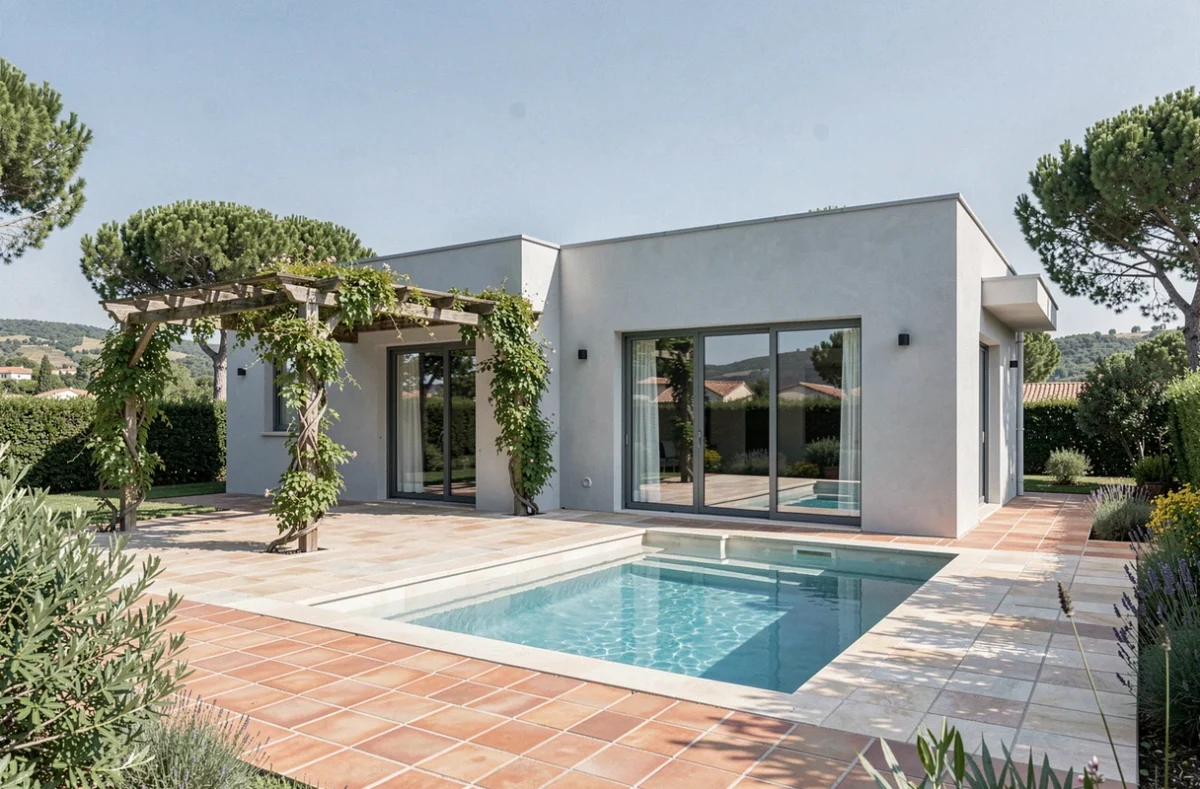 Maison contemporaine à toit plat construite par COMPAO près de Montpellier, avec façade grise, baies vitrées coulissantes et piscine dans le jardin