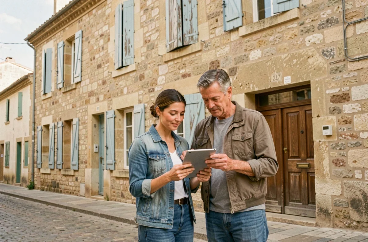 Couple discutant d'une assurance habitation devant une maison à Avignon